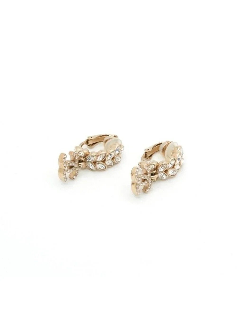 Chanel Earrings Gold CC Logo Rhinestone Leaf Motif